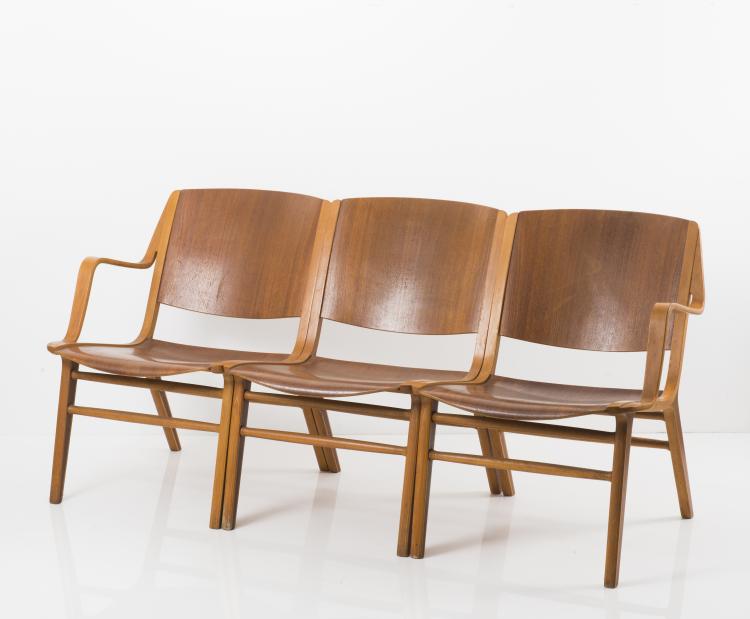 Bild 1 zu Objekt, 'AX' bench, made of three chairs, 1950, Peter Hvidt, Hansen, Fritz, Aller&ouml;d, 128A 75