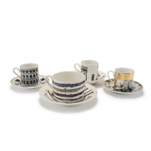 'Musicomania' coffee cup and three mocha cups, 'Anfiteatri', 'Architettura' and 'High Fidelity' with saucers, 1950/60s resp. 1990s