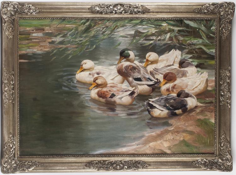 Hauptbild zu Objekt, 'Six ducks at the shores of a pond', prior to 1945, Arthur Nisio, 130B 216