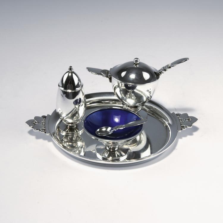 Hauptbild zu Objekt, 'Cactus' mustard jar with spoon, salt dish, pepper cellar and tray, 1930, Gundorph Albertus, Jensen, Georg, Kopenhagen, 129 414