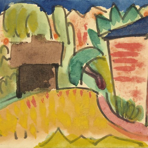 Künstlerpostkarte 'Landschaft mit Häusern', 1921