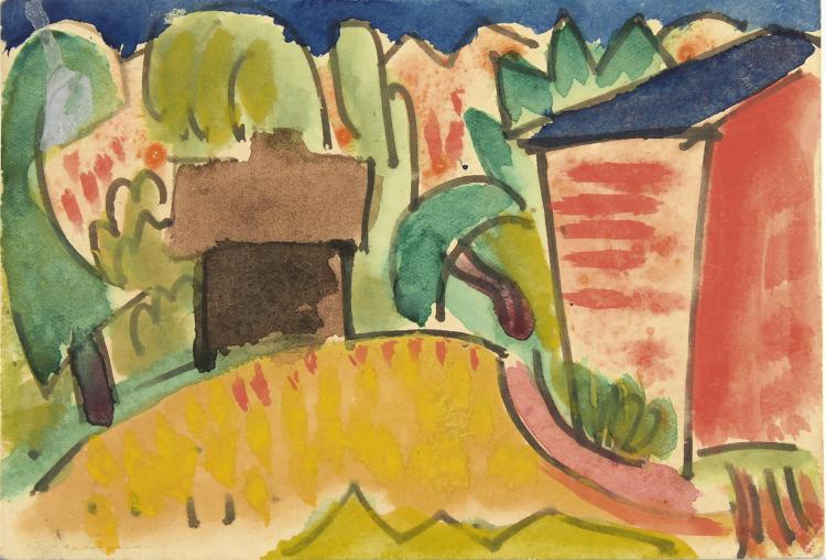 Hauptbild zu Objekt, K&uuml;nstlerpostkarte 'Landschaft mit H&auml;usern', 1921, Karl Schmidt-Rottluff, 132A 37