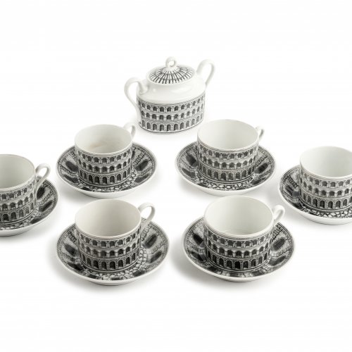 Six 'Architettura' cups and saucers, sugar bowl, 1990s