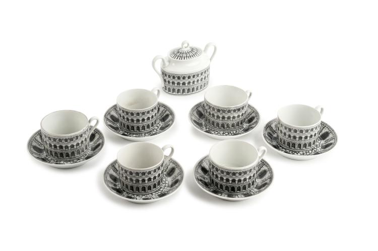 Hauptbild zu Objekt, Six 'Architettura' cups and saucers, sugar bowl, 1990s, Piero Fornasetti, Fornasetti, Mailand, 133B 595
