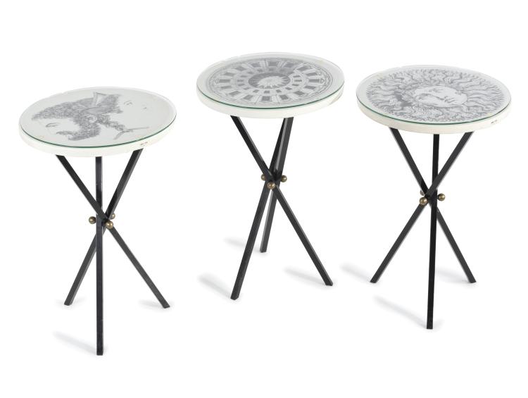 Hauptbild zu Objekt, Three end tables, 'Re Sole', 'Giano Bifronte' und 'Architettura', 1950s, Piero Fornasetti, Fornasetti, Mailand, 134A 211