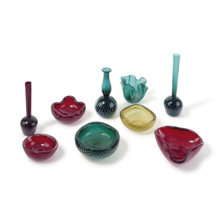 Hauptbild zu Objekt, Fazzoletto, drei Vasen und f&uuml;nf Schalen 'A bolle', 1950er Jahre, Venini & C., Murano, 134C 577