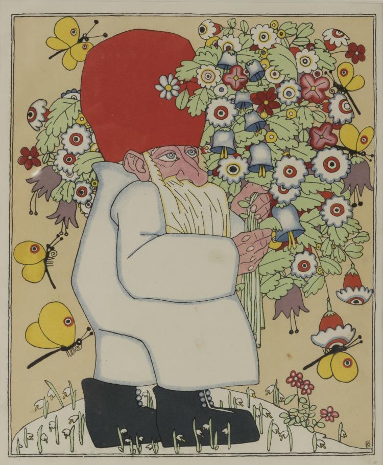 Hauptbild zu Objekt, Dwarf with flower bouquet from 'Sneewittchen', 1912, Bertold L&ouml;ffler, 132B 940