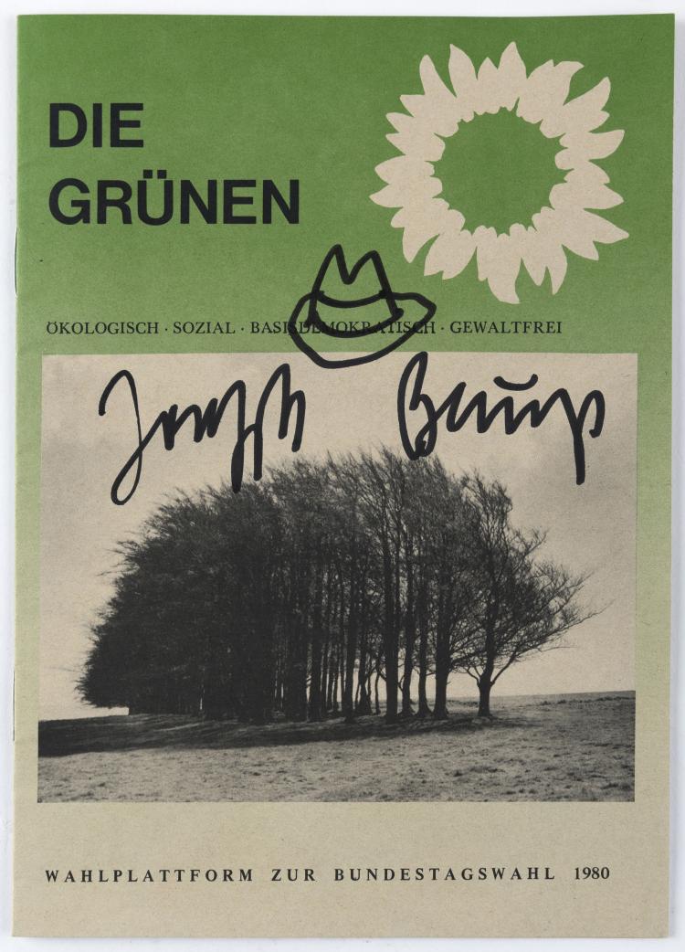 Hauptbild zu Objekt, 'Hutzeichnung' on the cover 'Die Gr&uuml;nen - Wahlplattform zur Bundestagswahl', 1980, Joseph Beuys, Farbo Druck & Grafik Team, 132A 60