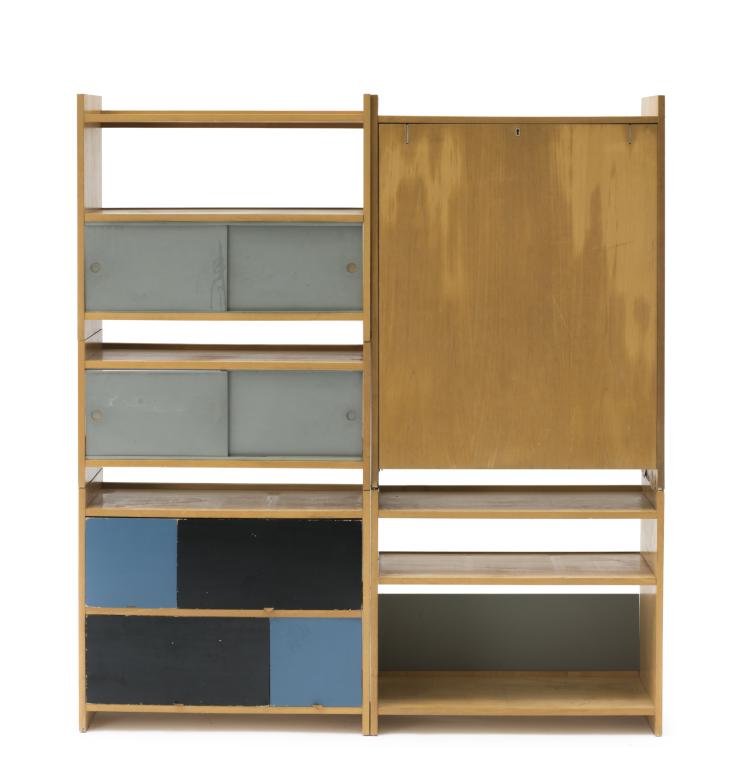 Hauptbild zu Objekt, Shelving system with folding table, 1959, Emil Guhl, Wohnhilfe, Z&uuml;rich, 136A 186