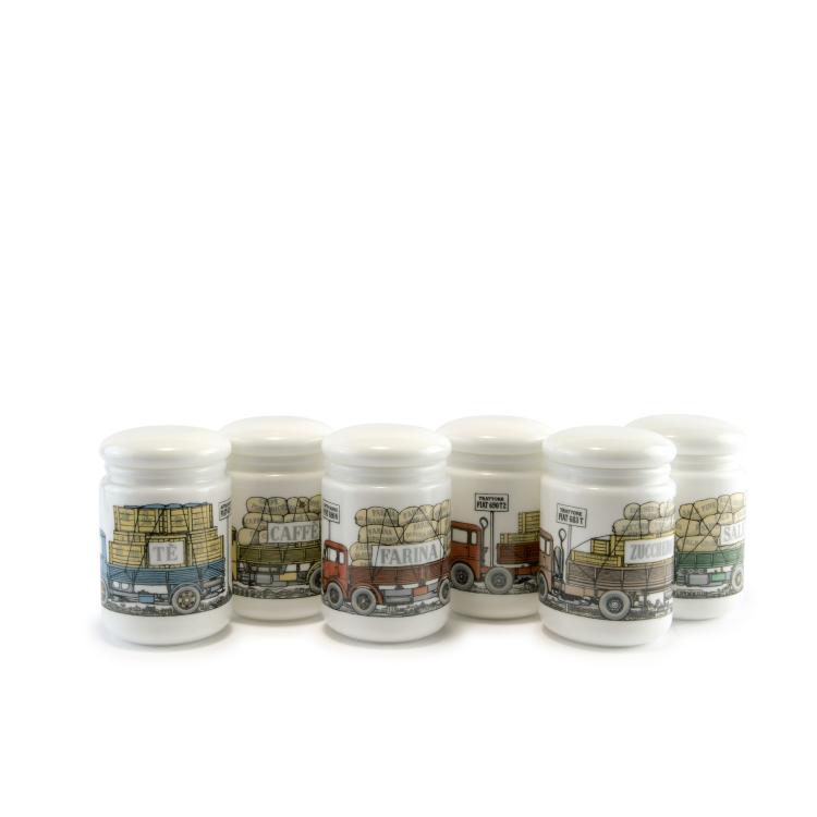 Hauptbild zu Objekt, Six 'Fiat' jars, c. 1960, Piero Fornasetti, Fornasetti, Mailand, 139B 392