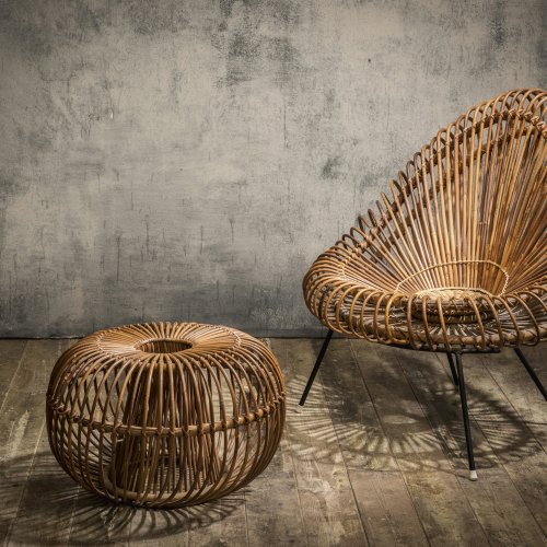 Wicker chair and ottoman, c. 1955