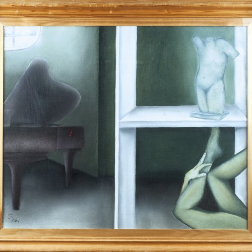 Untitled (Bedroom with baby grand piano), c1960