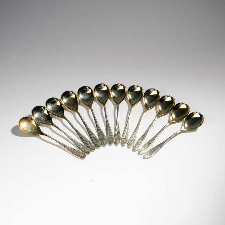 Hauptbild zu Objekt, 12 '3001' icecream spoons in a box, 1901/02, Hans Christiansen, Bruckmann & S&ouml;hne, Heilbronn, 141C 680