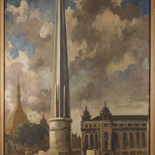 Ohne Titel (Maha Bandula Park in Yangon mit Independence Monument, Sule Pagode und Yangon City Hall), 1948