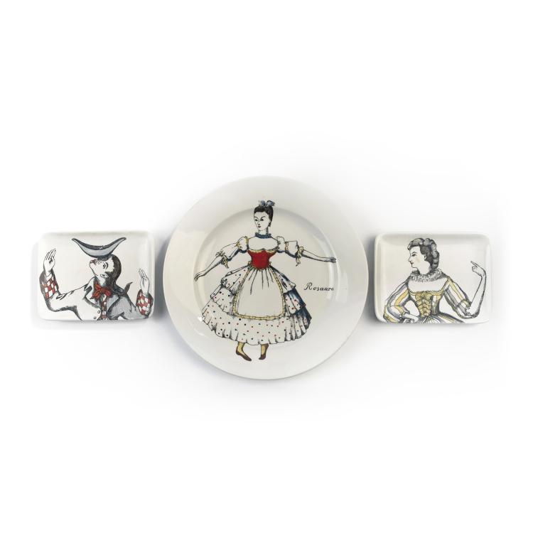 Hauptbild zu Objekt, Teller und zwei Aschenbecher 'Maschere Italiane', 1950er Jahre, Fornasetti, Mailand, 143A 85