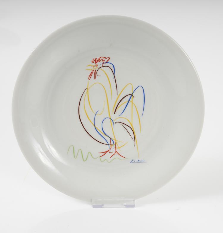Bild 8 zu Objekt, Vier Porzellan-Teller mit Picasso-Motiven: Friedenstaube, 'Le Coq', weibliches Profil, T&auml;nzer in Landschaft, 1970er Jahre, Limoges E.C.P.L.P, 145C 495